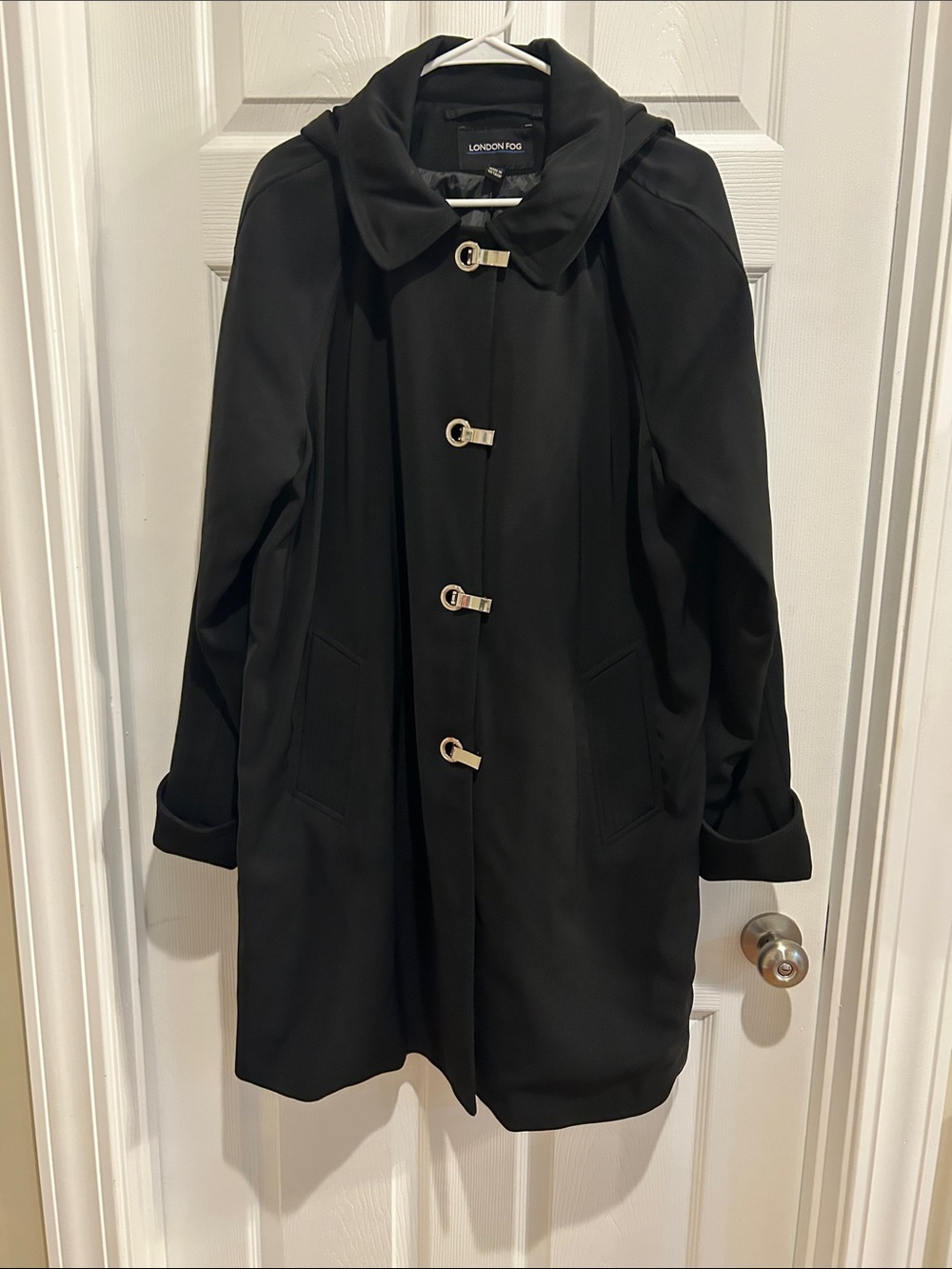London Fog Black Hooded Toggle Trench Coat